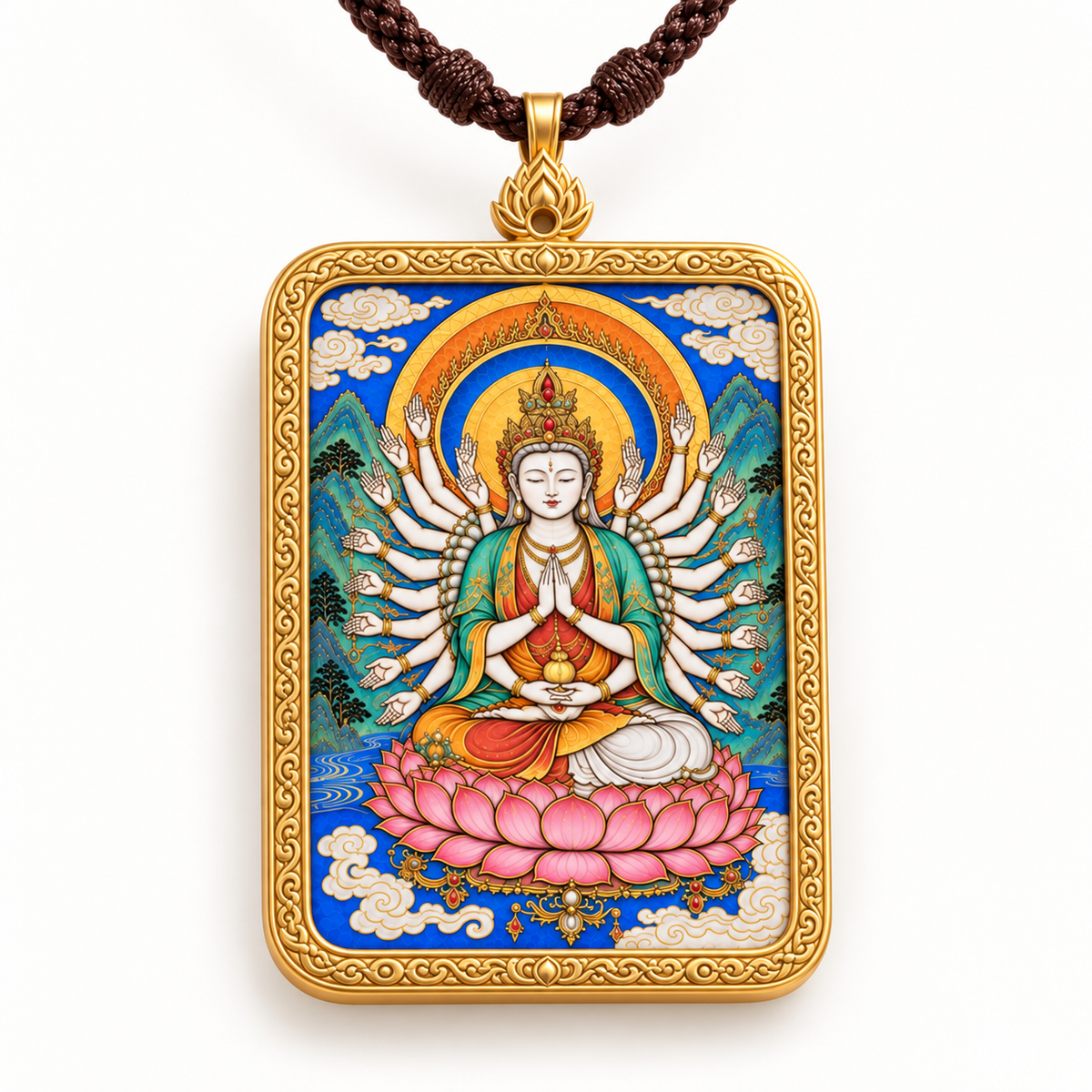 Hand-painted Thousand-Armed Guanyin Thangka pendant necklace on a warm white background