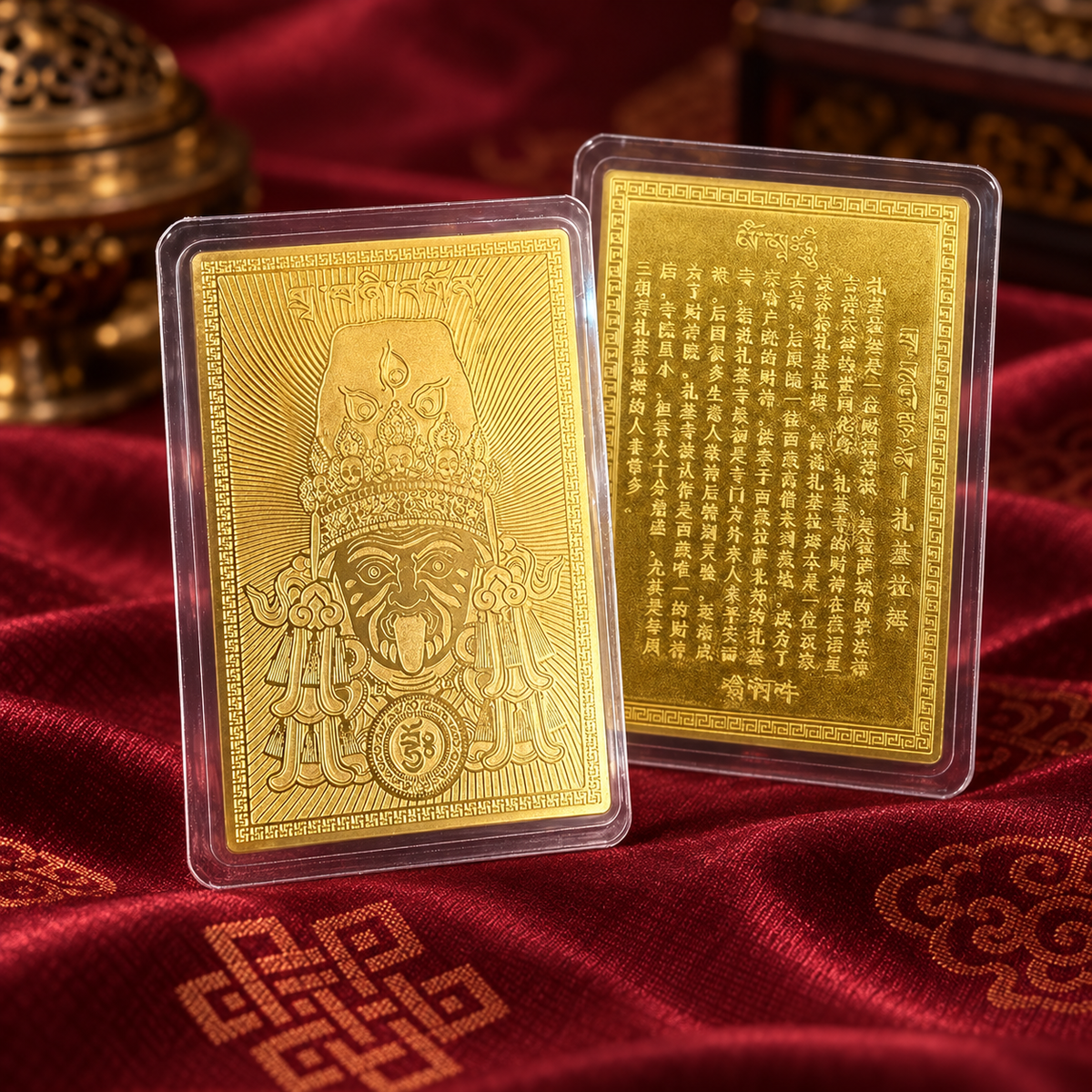 Front and back views of the Zaki Lhamo prosperity gold card in clear protective cases