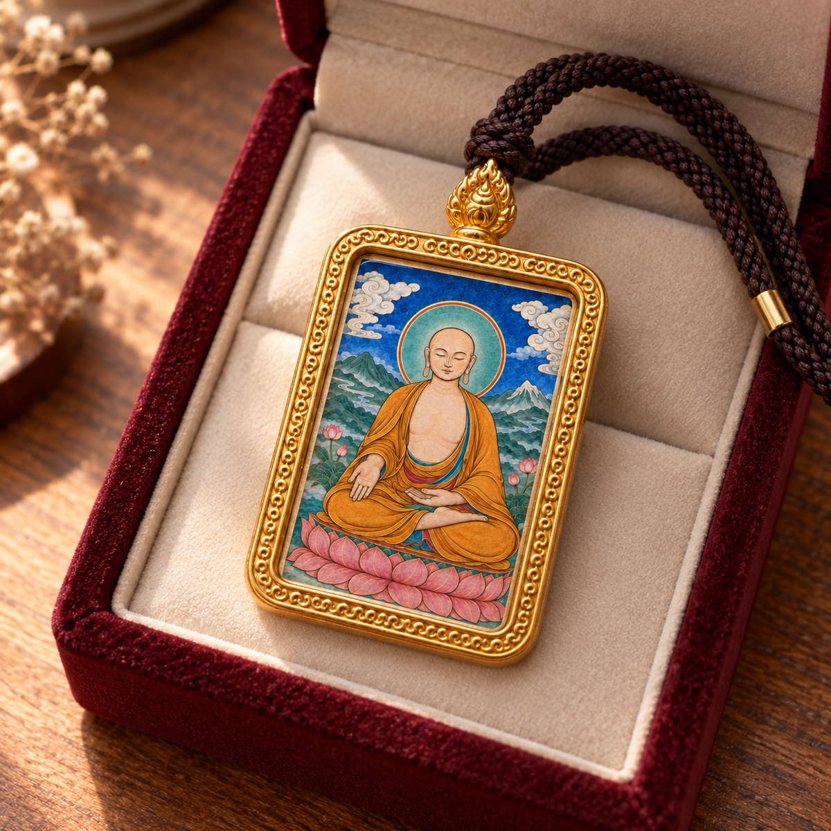 Hand-painted Maitreya Buddha Thangka pendant necklace presented in a premium gift box
