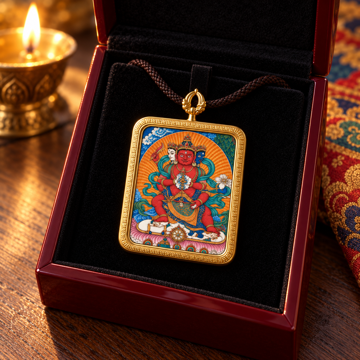 Three-faced, six-armed Red Jambhala Thangka pendant necklace presented in a premium gift box