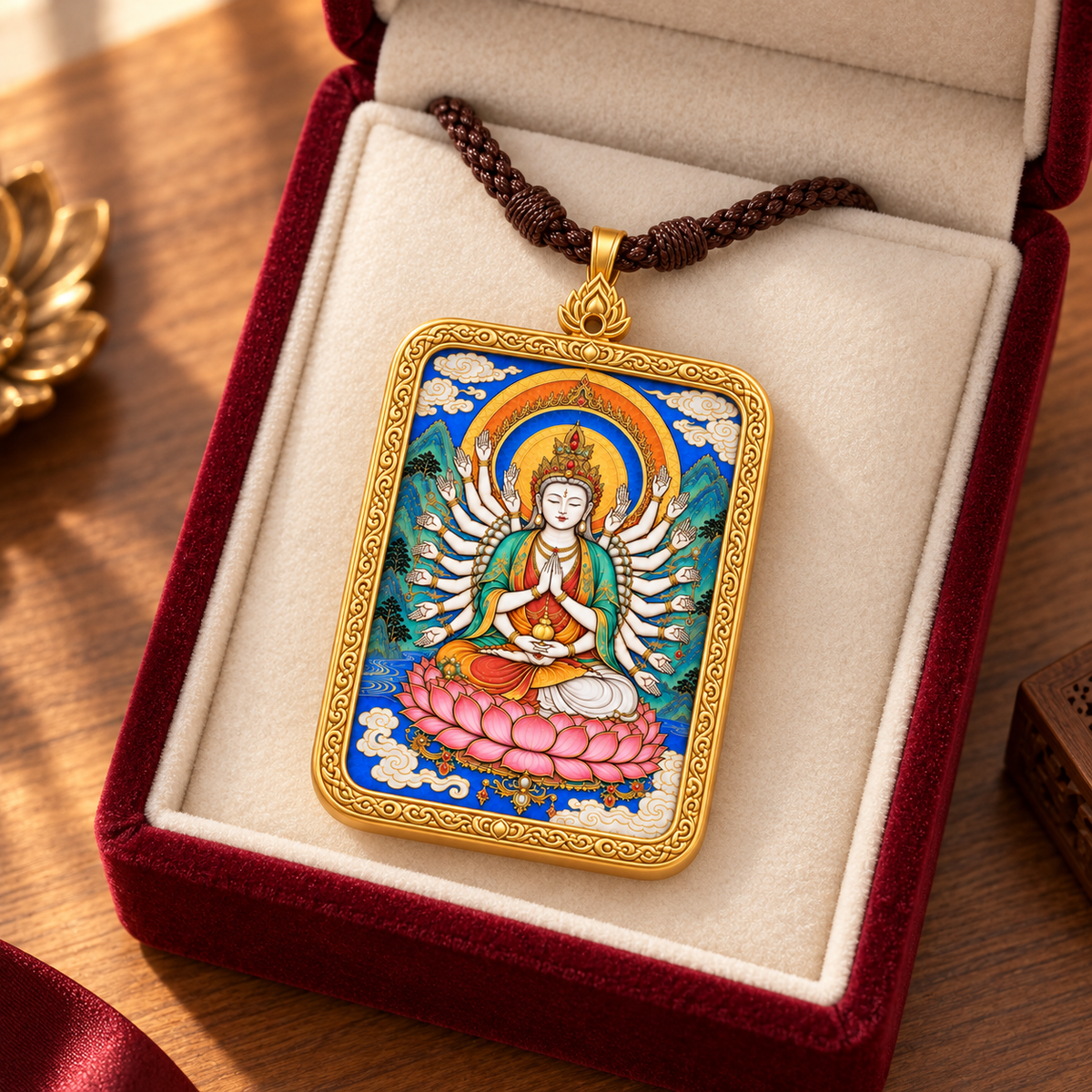 Thousand-Armed Guanyin Thangka pendant necklace presented in a premium gift box