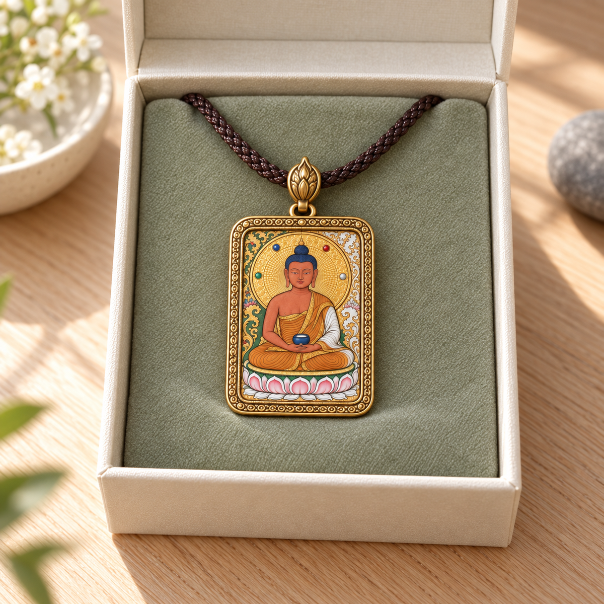 Three-faced, six-armed Red Jambhala Thangka pendant necklace presented in a premium gift box