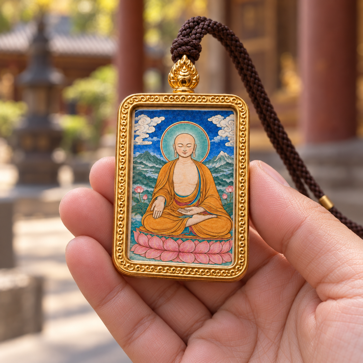 Hand holding a miniature hand-painted Maitreya Buddha Thangka pendant necklace