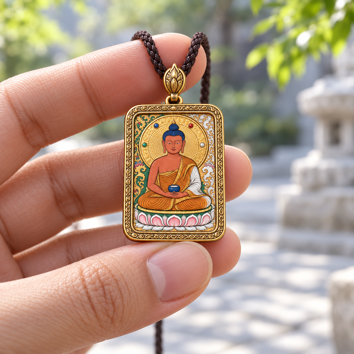 Hand holding a miniature three-faced, six-armed Red Jambhala Thangka pendant necklace