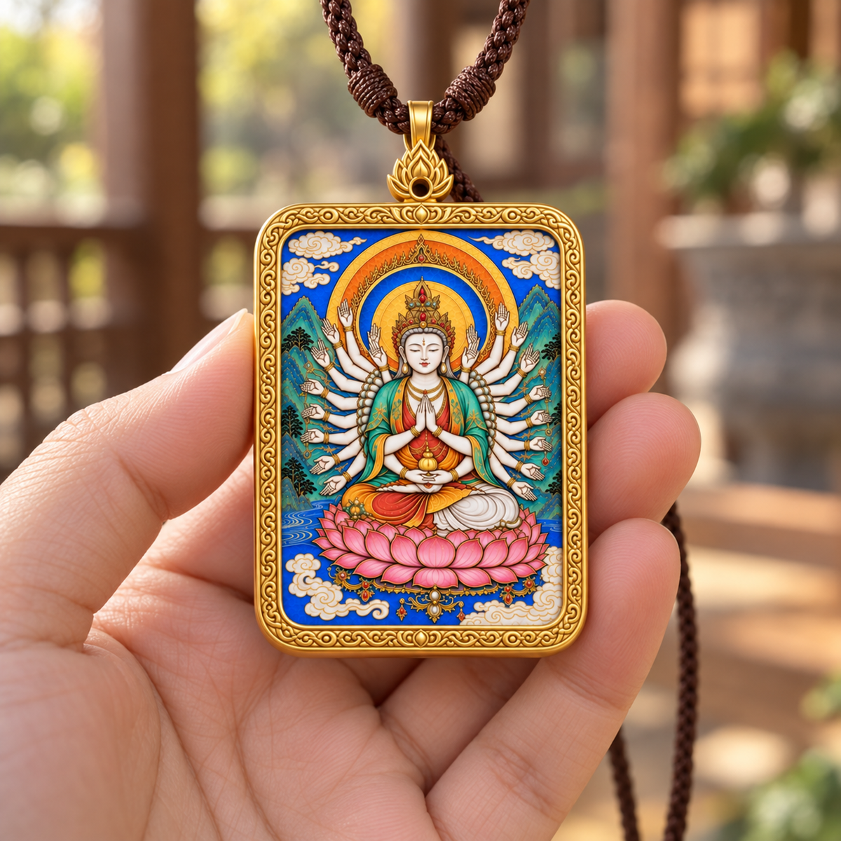 Hand holding a miniature hand-painted Thousand-Armed Guanyin Thangka pendant necklace