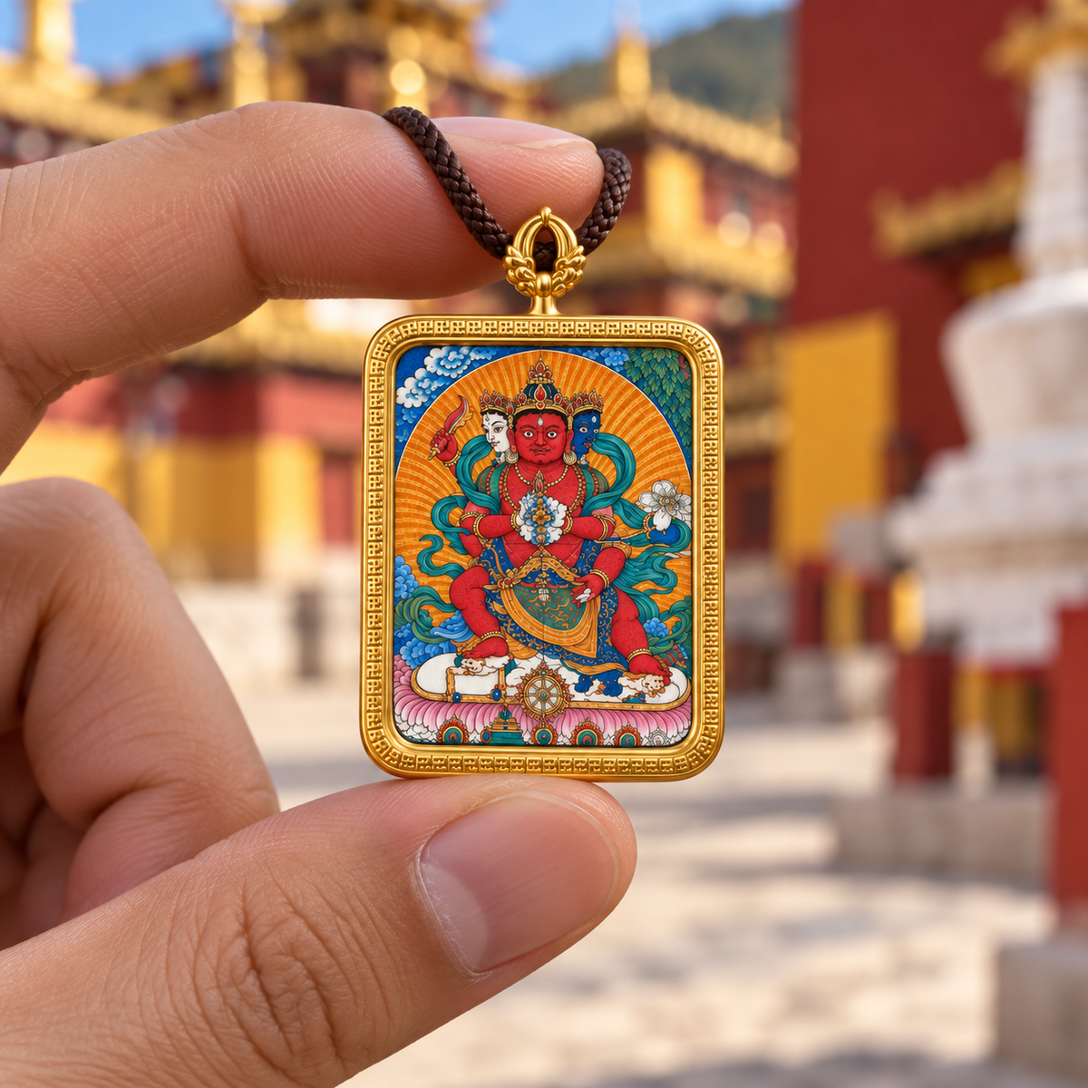 Hand holding a miniature three-faced, six-armed Red Jambhala Thangka pendant necklace