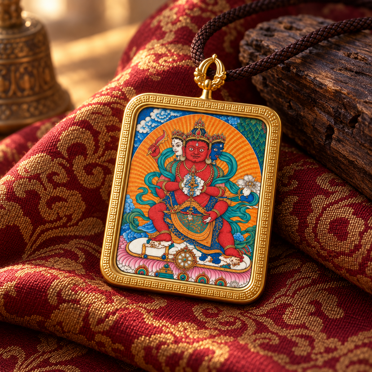 Three-faced, six-armed Red Jambhala Thangka pendant displayed on traditional Tibetan brocade