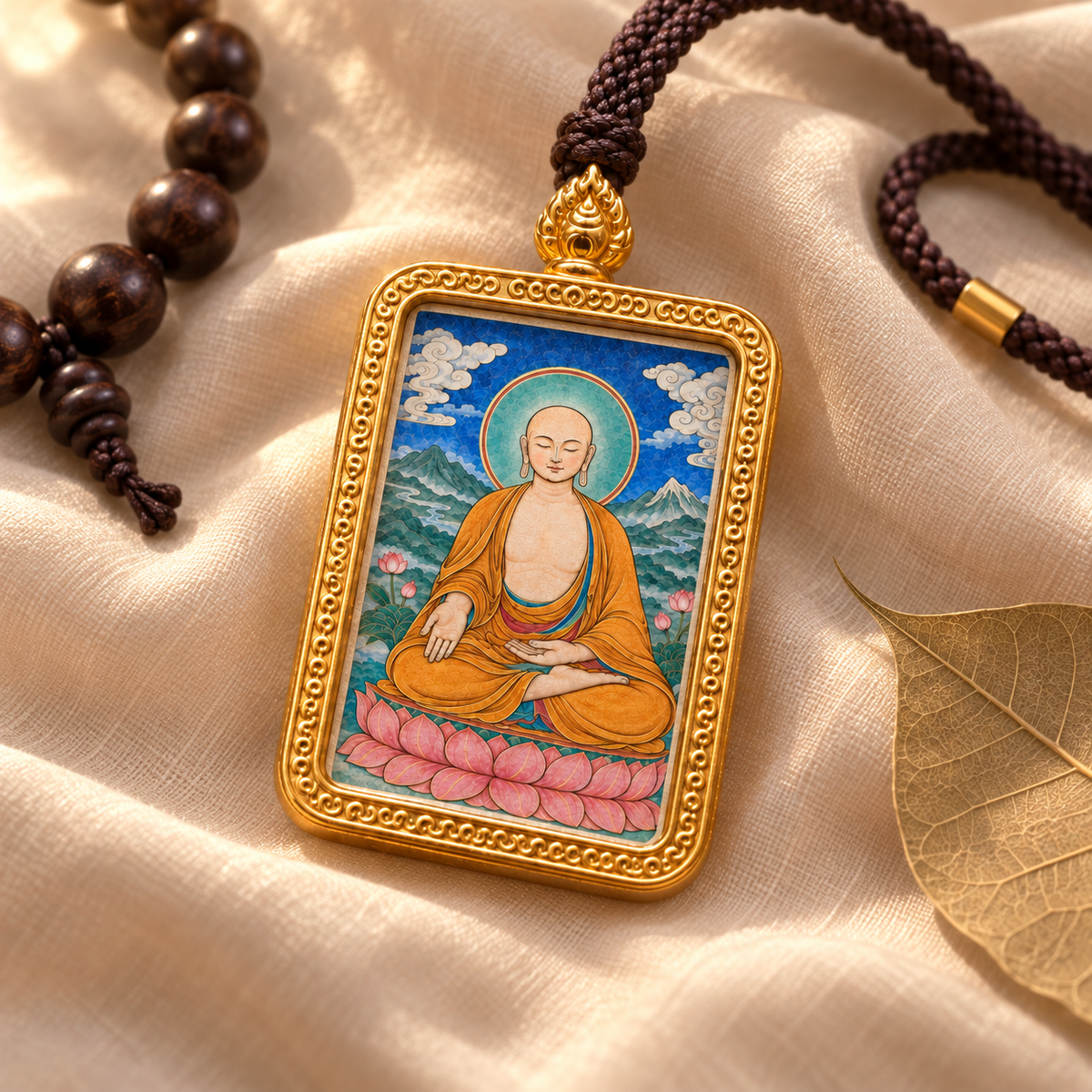 Maitreya Buddha Thangka pendant displayed on softly folded silk fabric