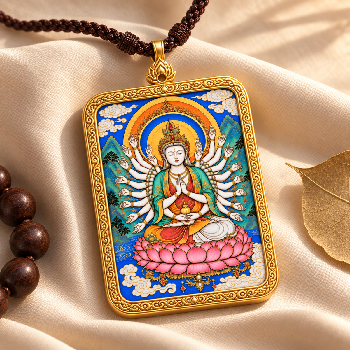 Thousand-Armed Guanyin Thangka pendant displayed on softly folded silk fabric
