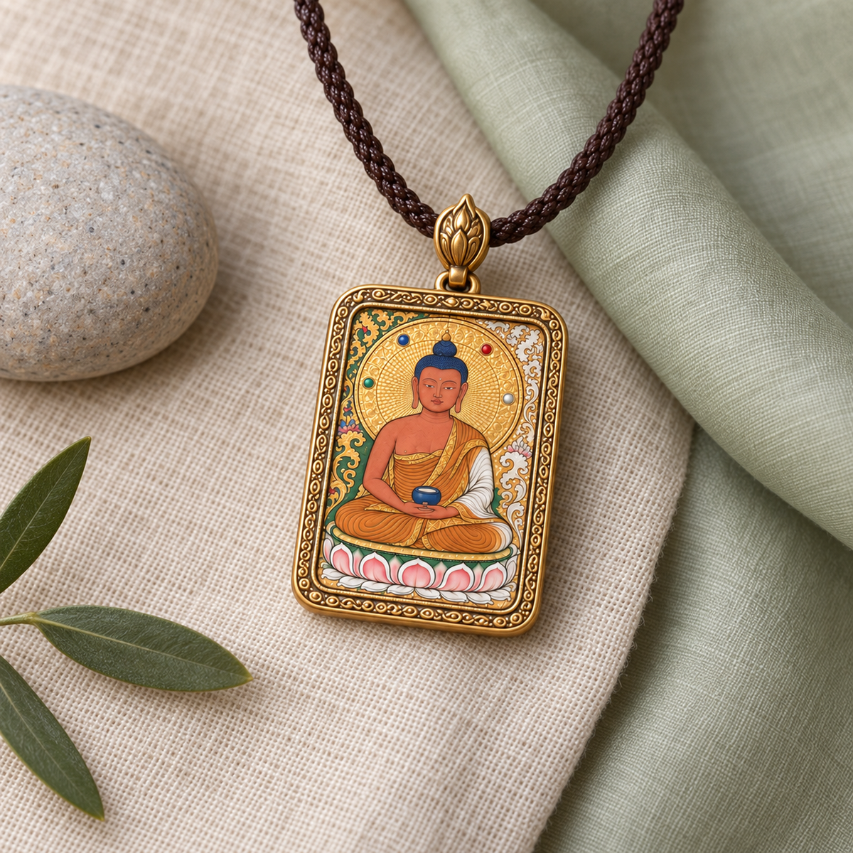 Three-faced, six-armed Red Jambhala Thangka pendant displayed on traditional Tibetan brocade