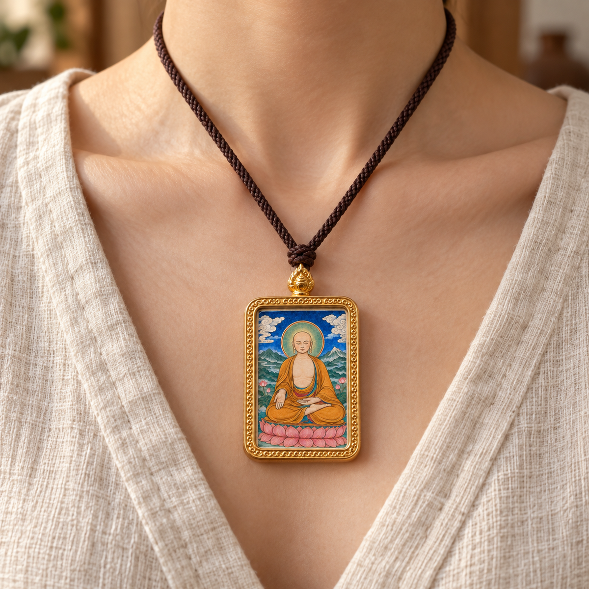 Hand-painted Maitreya Buddha Thangka pendant necklace worn against a neutral top