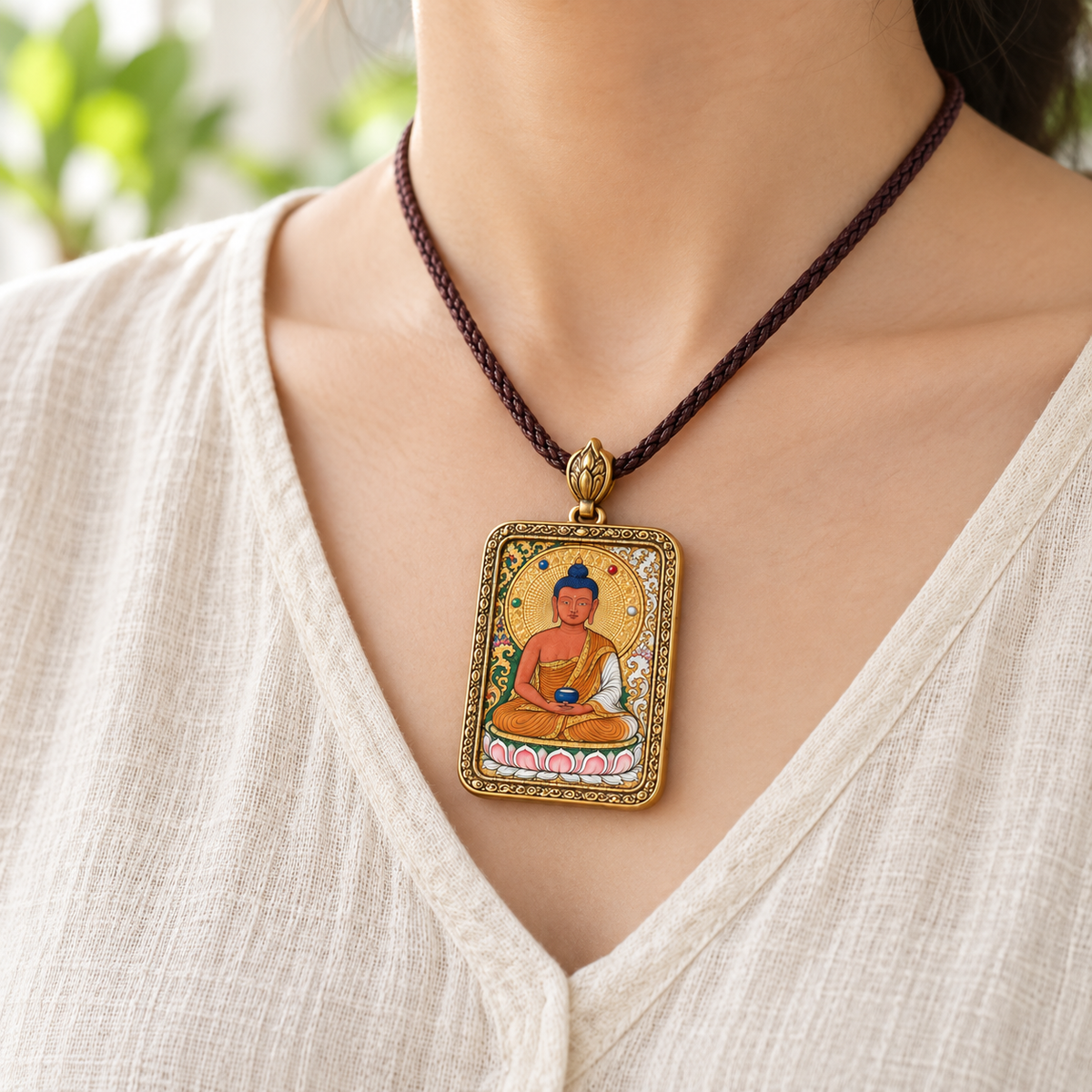 Three-faced, six-armed Red Jambhala Thangka pendant necklace worn against a dark top