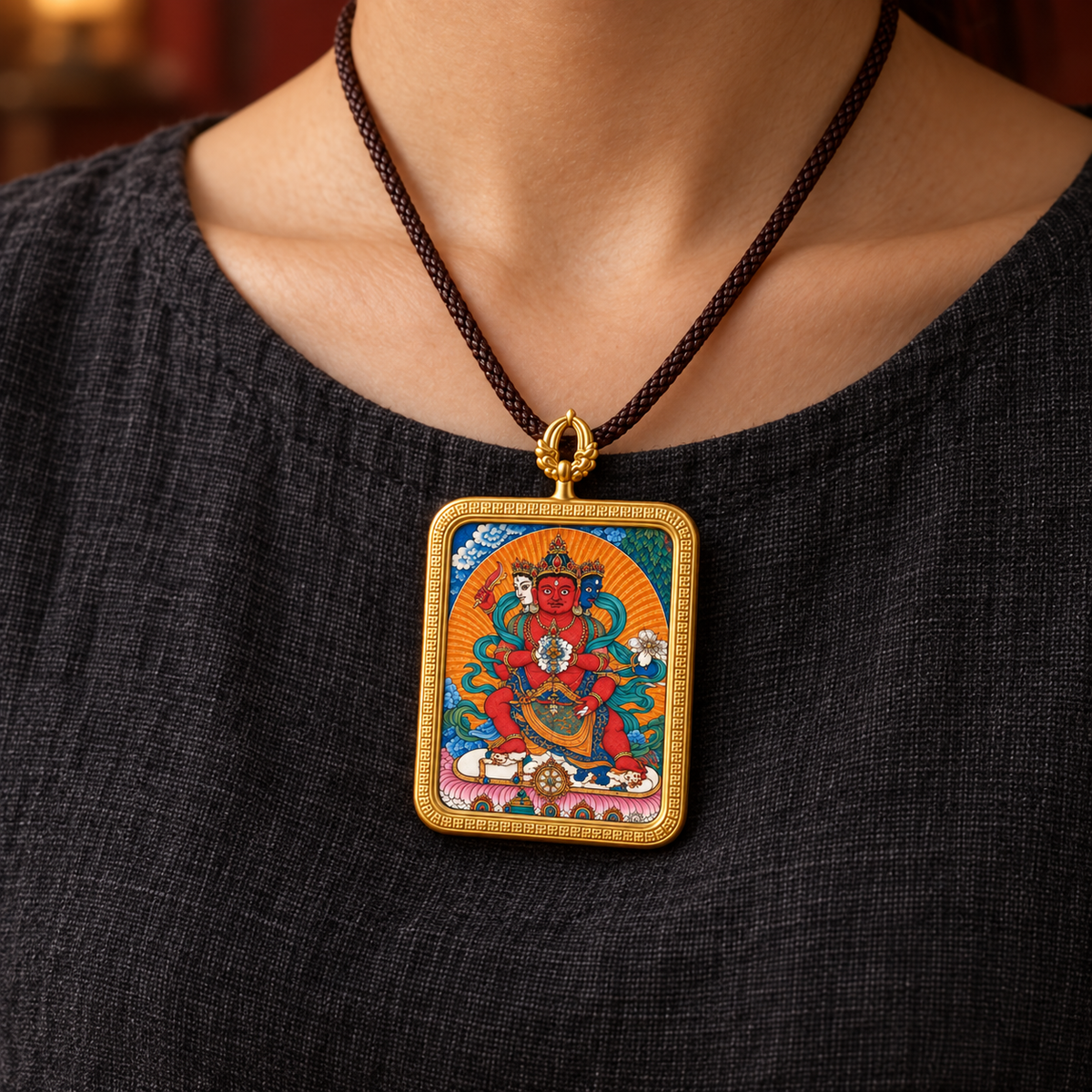Three-faced, six-armed Red Jambhala Thangka pendant necklace worn against a dark top