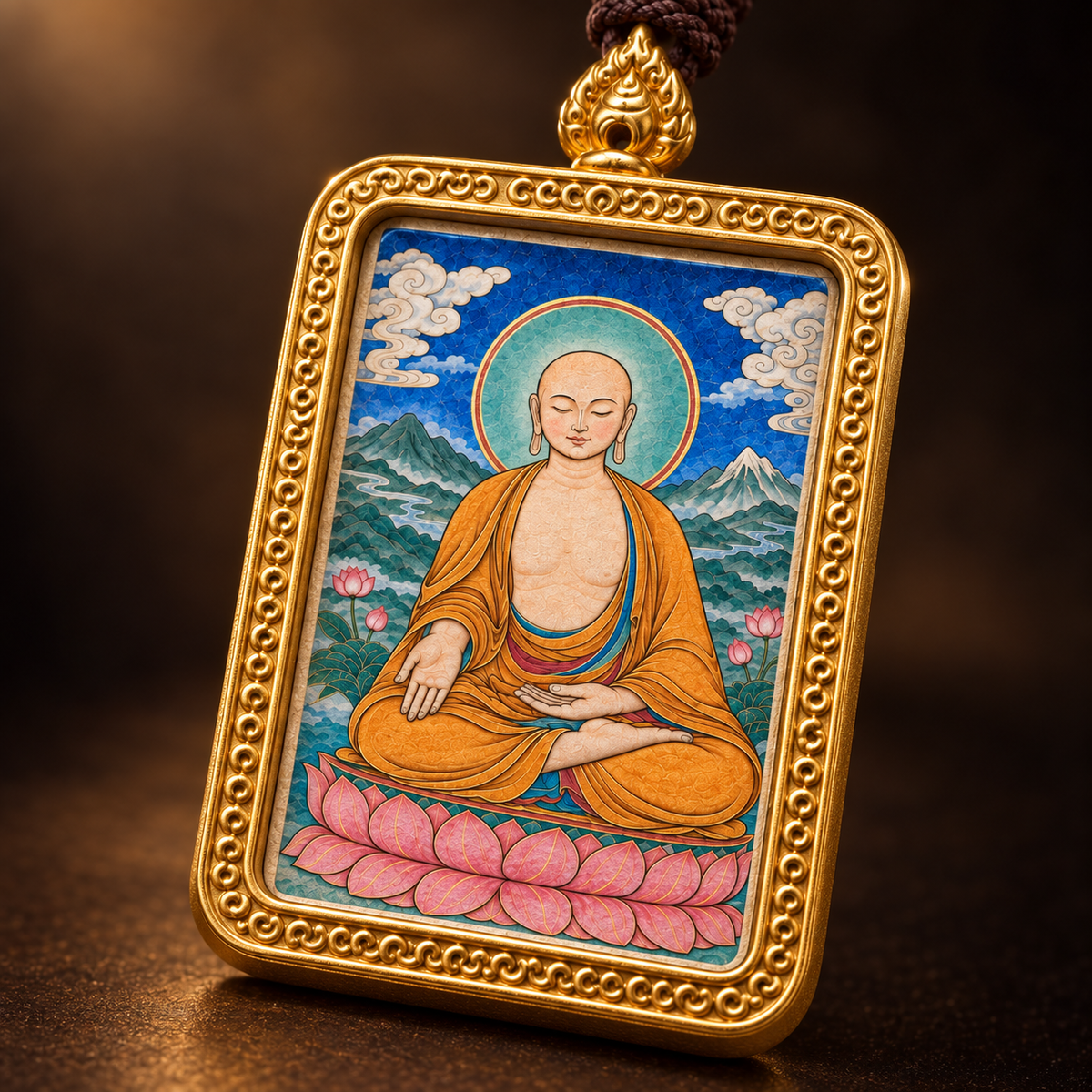 Close-up of the hand-painted Maitreya Buddha artwork and embossed gold pendant frame