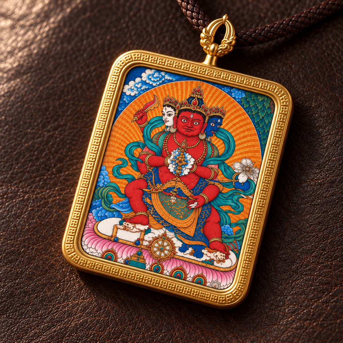 Close-up of the hand-painted Red Jambhala Thangka artwork and embossed gold pendant frame