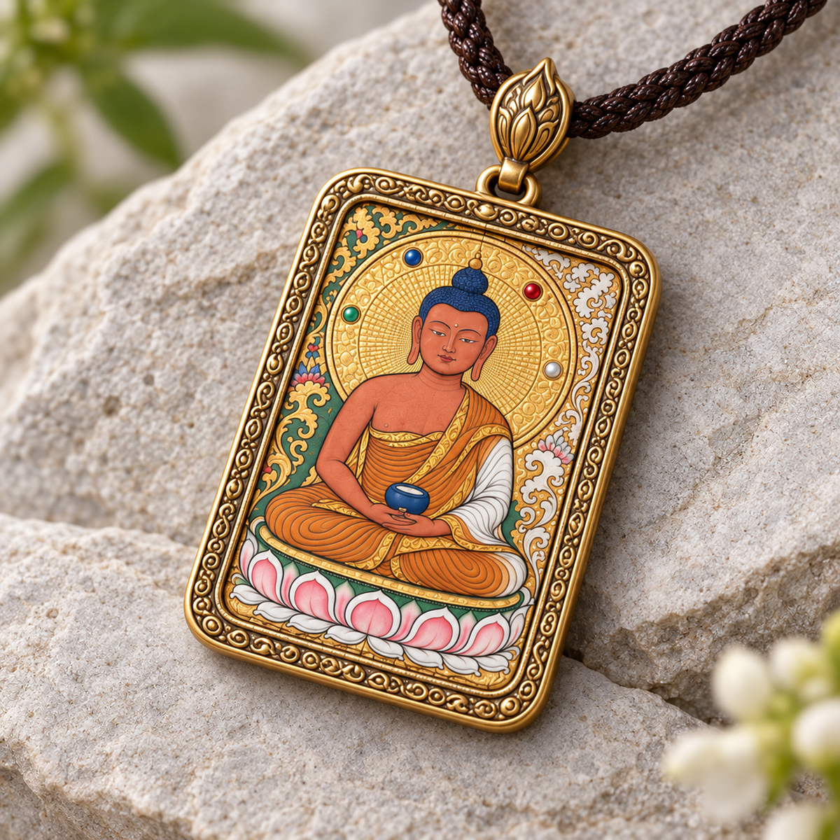 Close-up of the hand-painted Red Jambhala Thangka artwork and embossed gold pendant frame