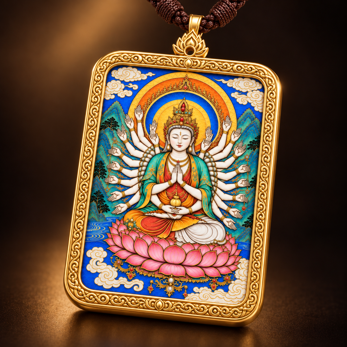 Close-up of the Thousand-Armed Guanyin artwork and embossed gold pendant frame