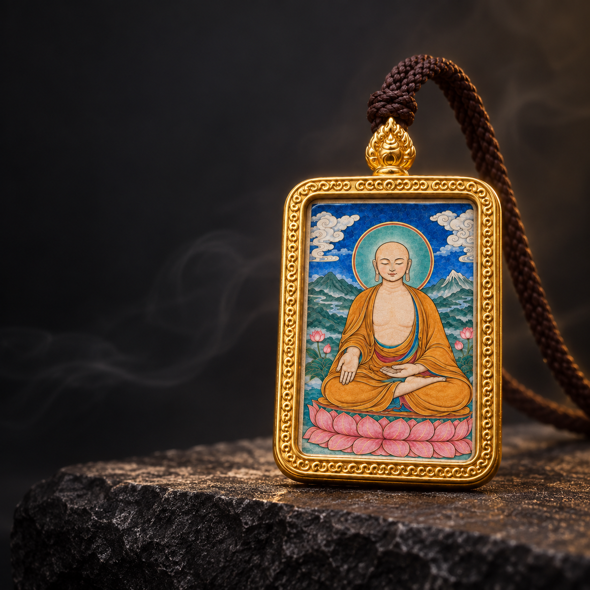 Maitreya Buddha Thangka pendant displayed in a dark premium setting