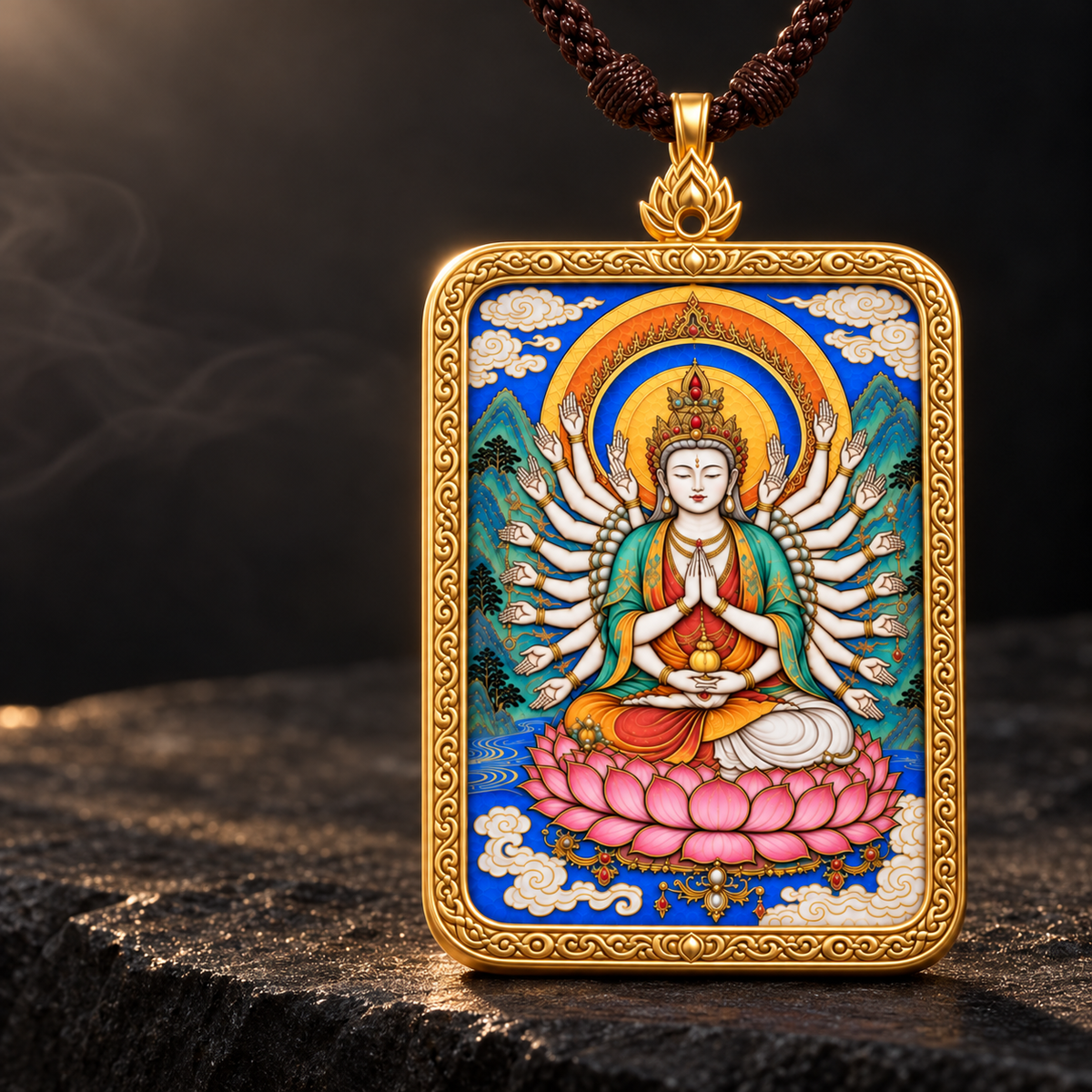 Thousand-Armed Guanyin Thangka pendant displayed in a dark premium setting