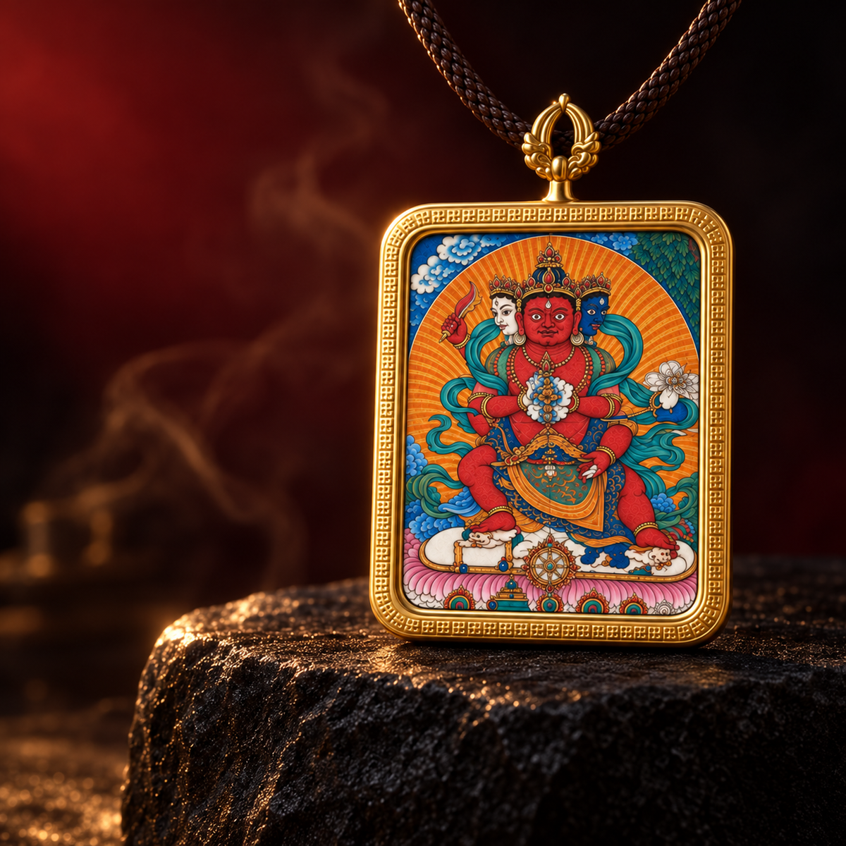 Three-faced, six-armed Red Jambhala Thangka pendant displayed in a dark premium setting
