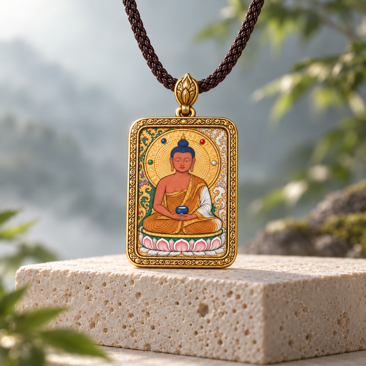 Three-faced, six-armed Red Jambhala Thangka pendant displayed in a dark premium setting
